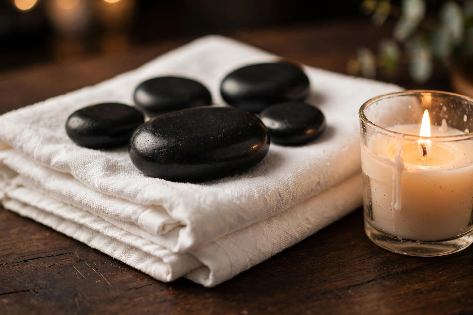 Hot stones and candle ready for a Jungle Bliss Body Works treatment
